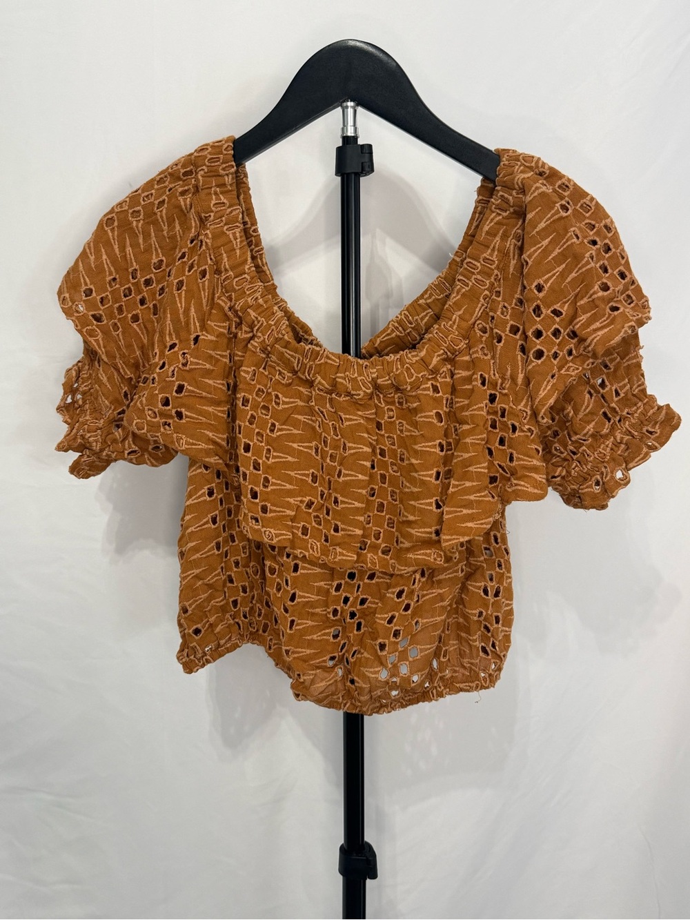 Free People Tan Eyelet Off-Shoulder Ruffle Crop Top